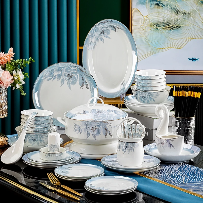 镁缘景德镇高温骨瓷餐具【渐变兰花】高档餐具套装82件
