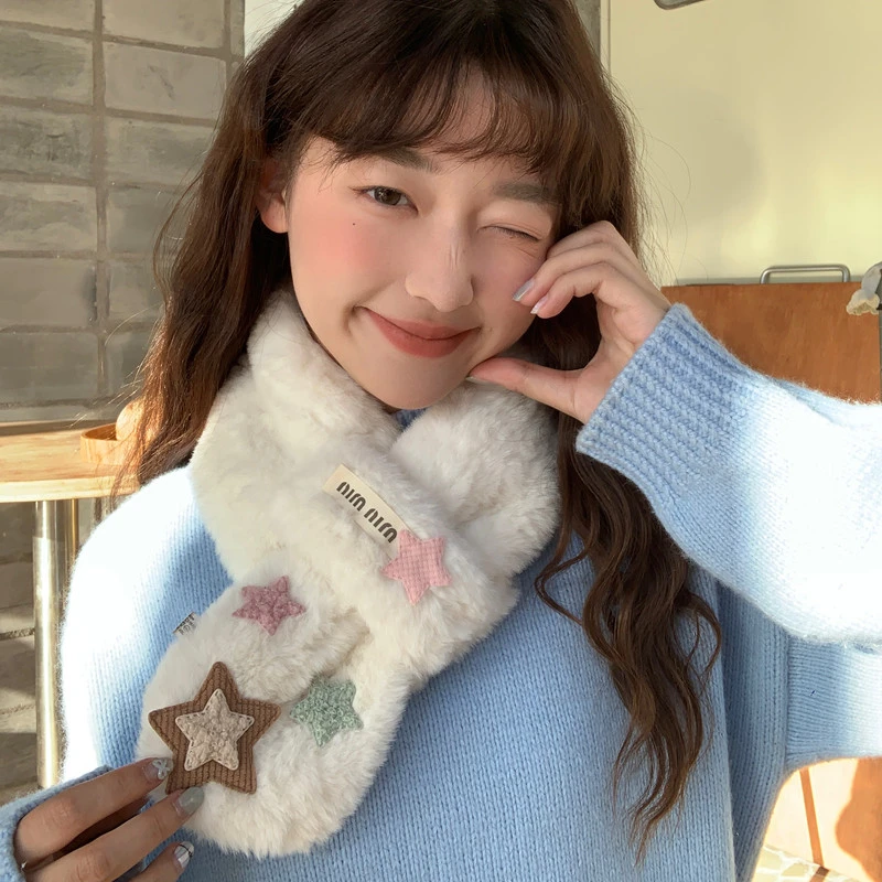 韩版甜美毛茸茸可爱少女秋冬季小围脖女百搭保暖交叉氛围感围巾女