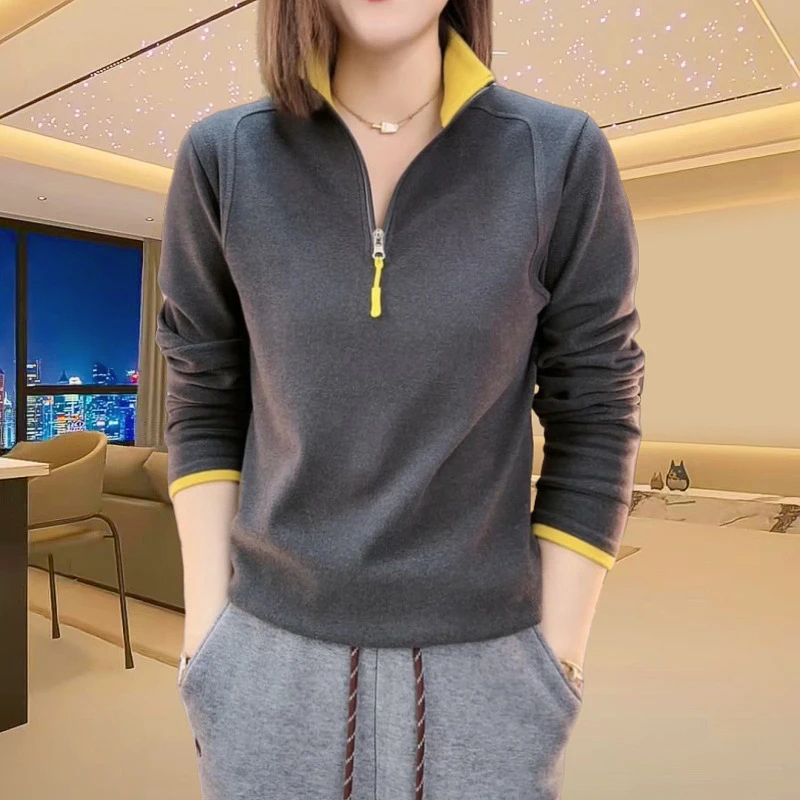 春季季立领拼接撞色半拉链双面德绒打底衫女时尚显瘦保暖休闲卫衣