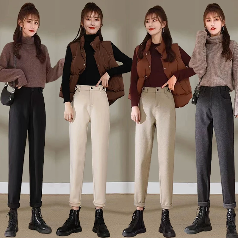 2025新款毛呢裤子女秋冬加厚款显瘦休闲奶奶萝卜哈伦老爹裤子