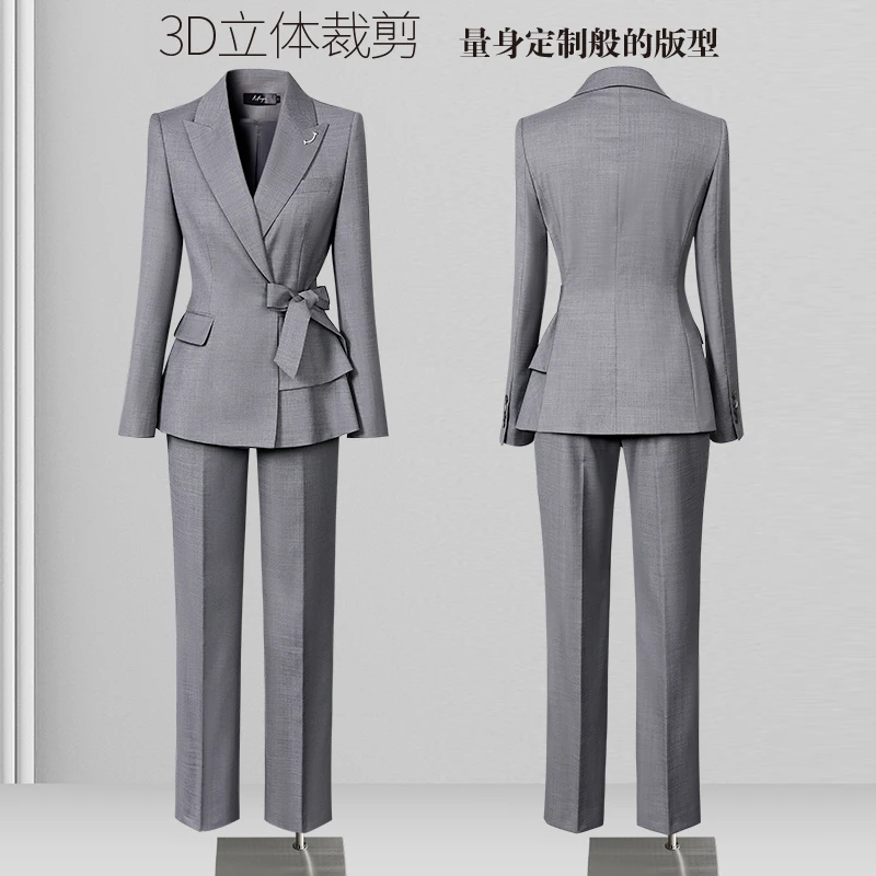 灰色职业西装女春季时尚修身气质前台上班族通勤风套装职场高级感
