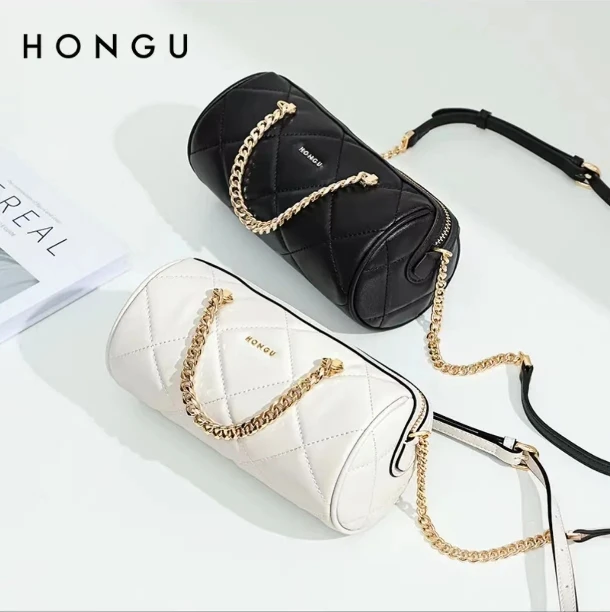 HONGU/红谷新款牛皮时尚链条单间女包肩包菱格女士百搭包小香风