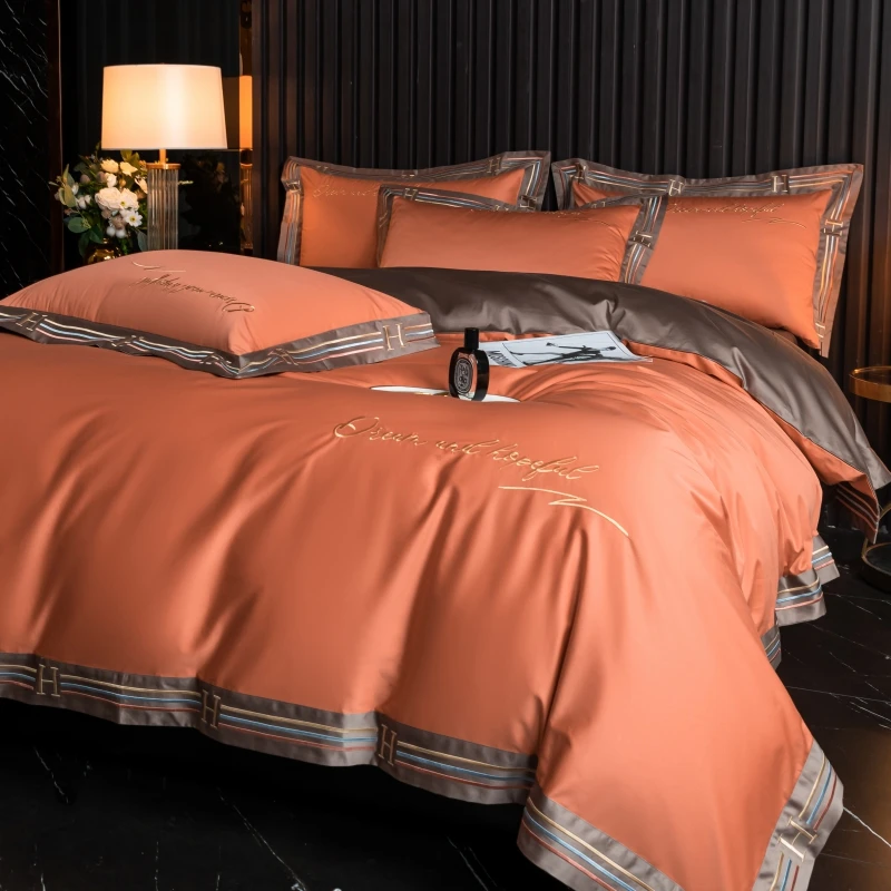 眠梦【罗曼尼】轻奢时尚简约纯色丝滑纯棉100棉绣花床笠款四件套件