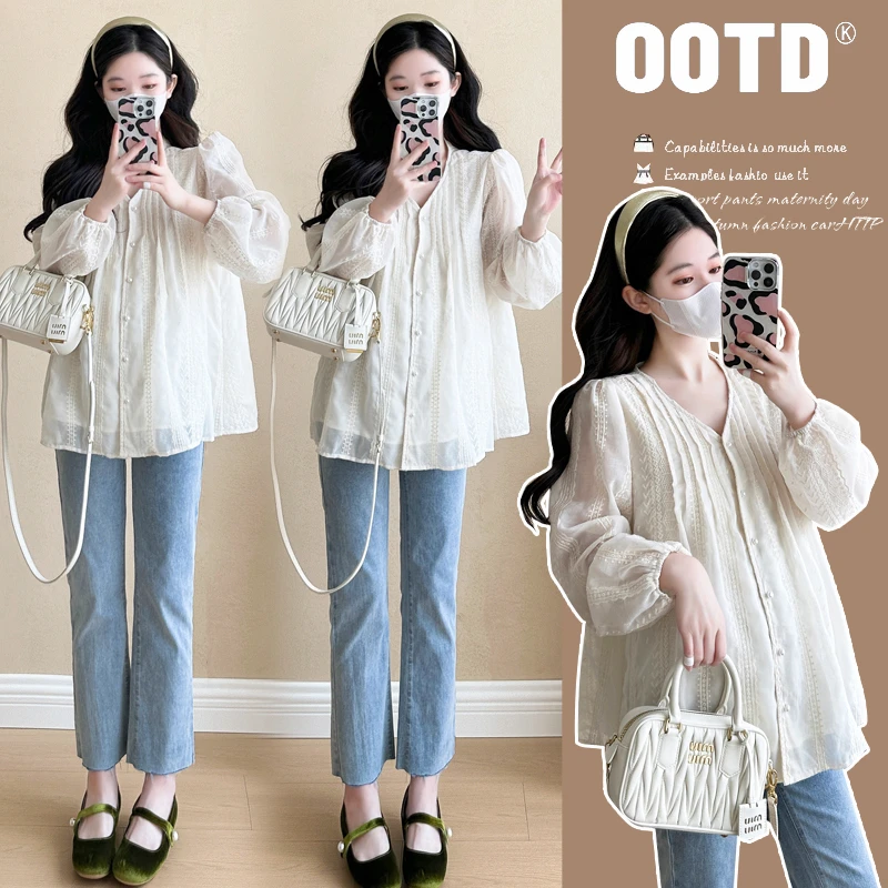 G527#8.9 2024秋季新款孕妇韩版V领蕾丝刺绣高级感娃娃衫上衣