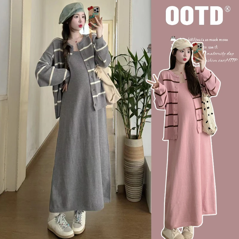 X3018#7.31 孕妇秋装连衣裙套装大码时尚潮妈新款开衫针织条纹长