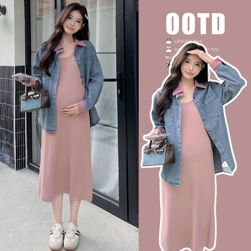 X3042#7.31 秋装新款牛仔外套+休闲针织背心孕妇连衣裙