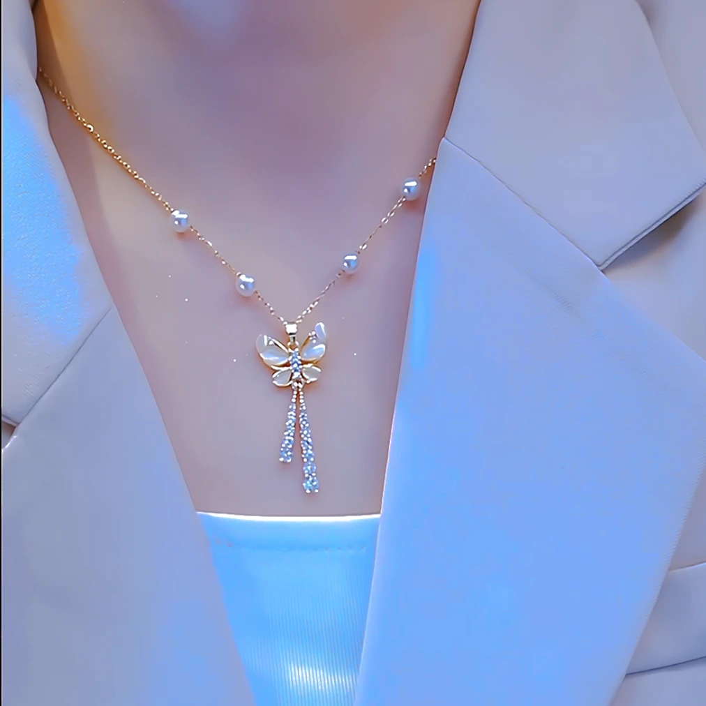 钛钢仿珍珠项链 魅力蝴蝶项链女小众设计猫眼石气质轻奢时尚精致