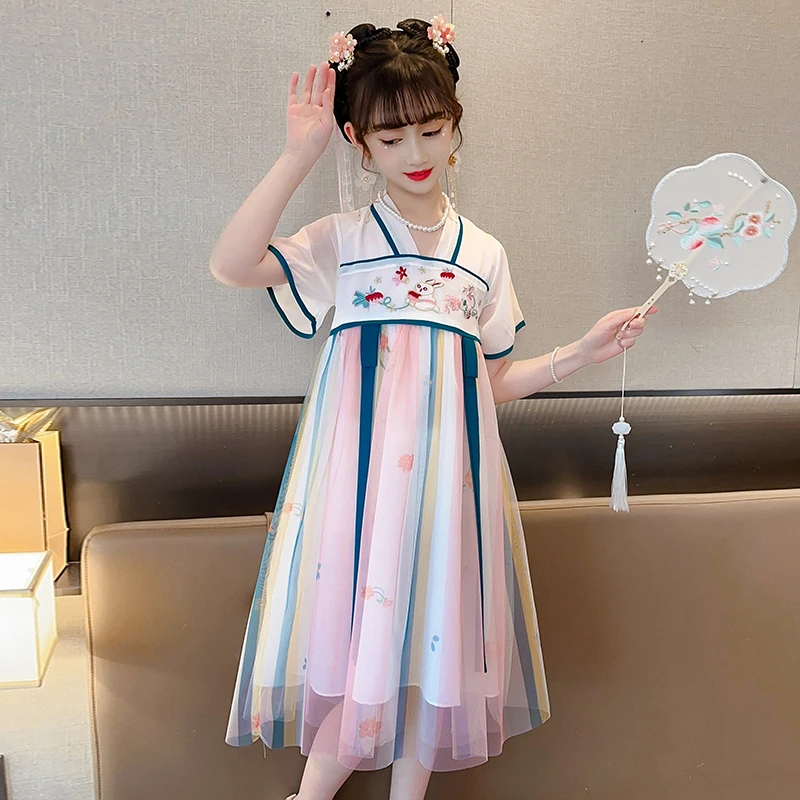 女童夏季汉服2023新款夏装古风连衣裙女孩洋气中大童绣花唐装裙子