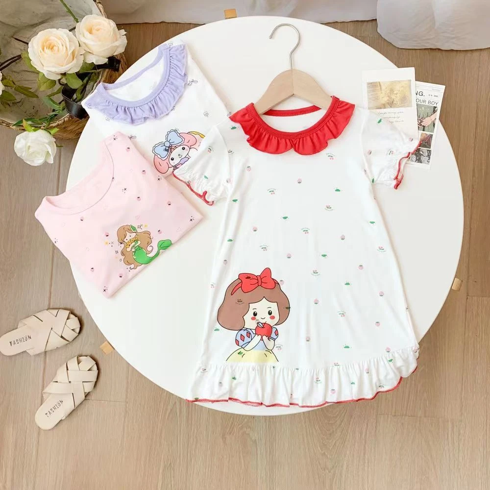 MN女童睡裙2024夏季新款莫代尔棉舒适甜美公主睡裙可爱短袖连衣裙