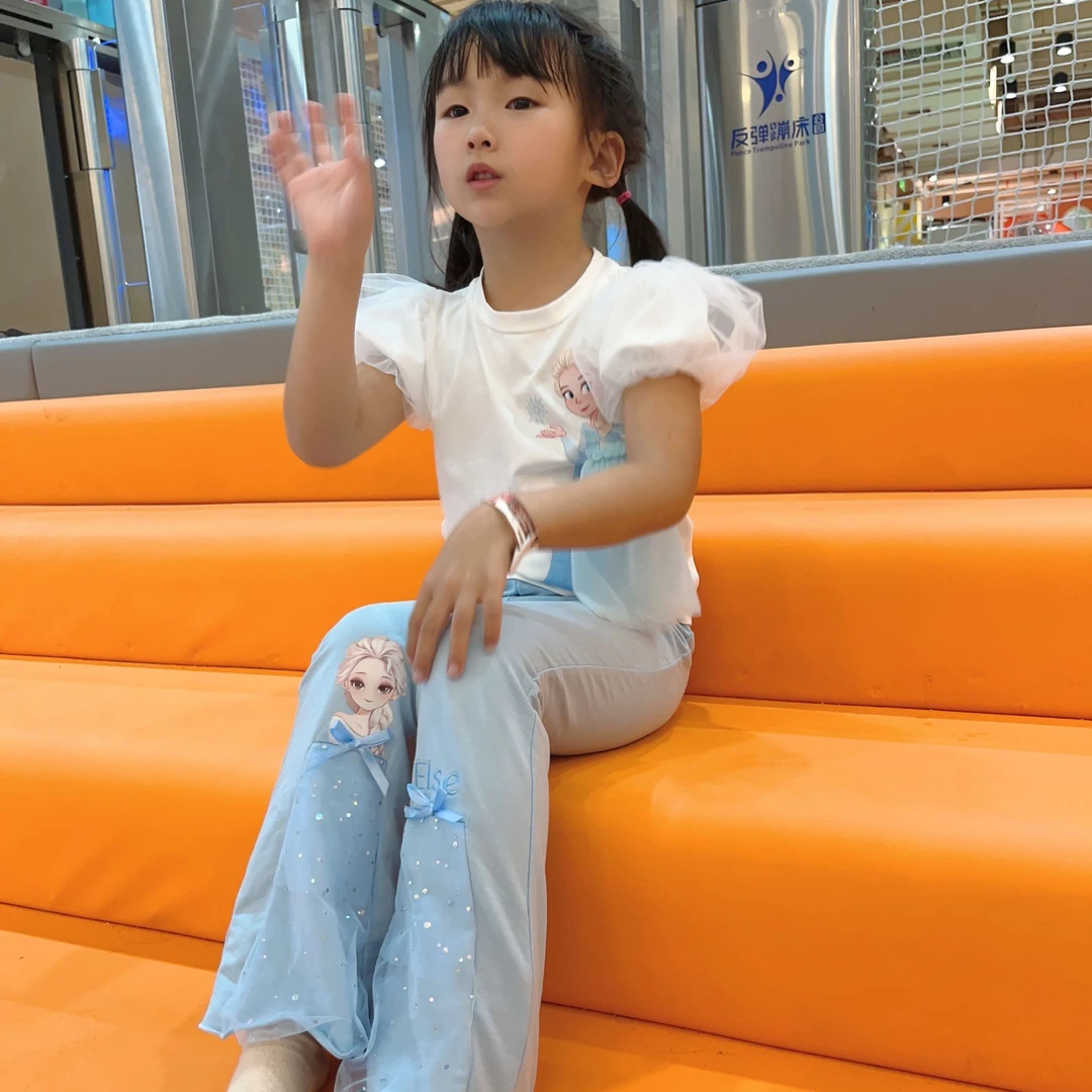 MN女童公主套装2024春秋 洋气女孩艾莎公主泡泡袖T恤裤子时尚套装