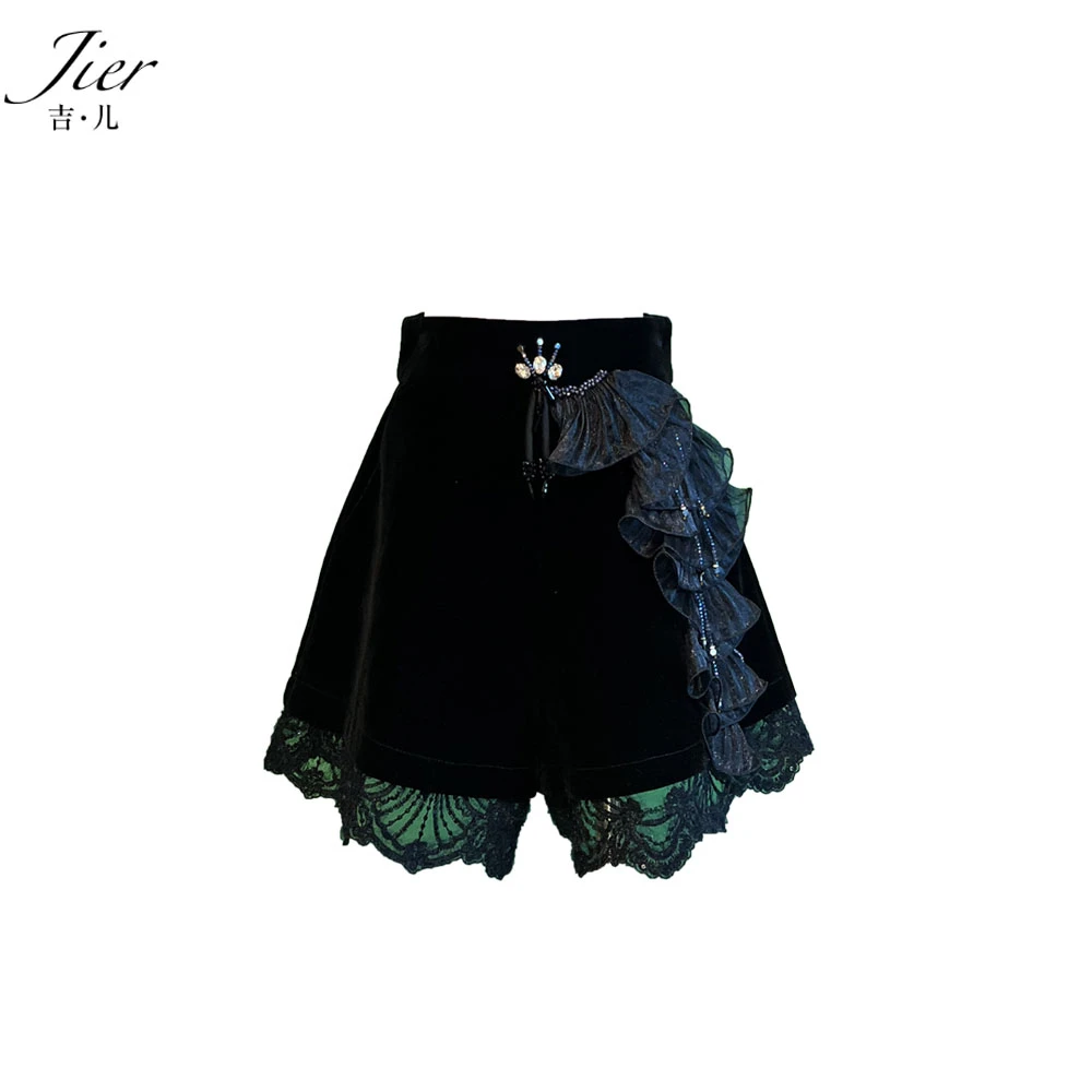 【Jier吉儿】原创设计师蕾丝洋气裤裙女士夏季显瘦短裤A字黑色高腰