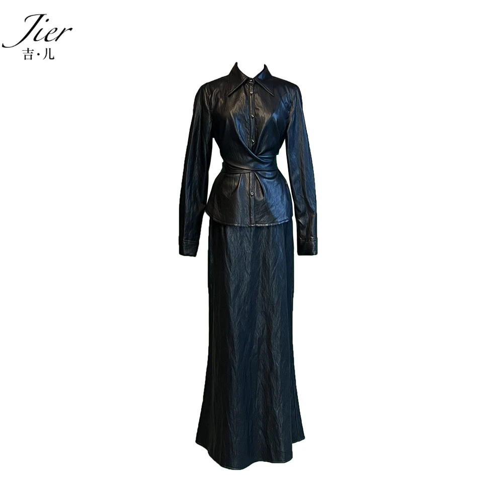 【Jier吉儿】原创设计师女装时尚女士黑色长款修身套装