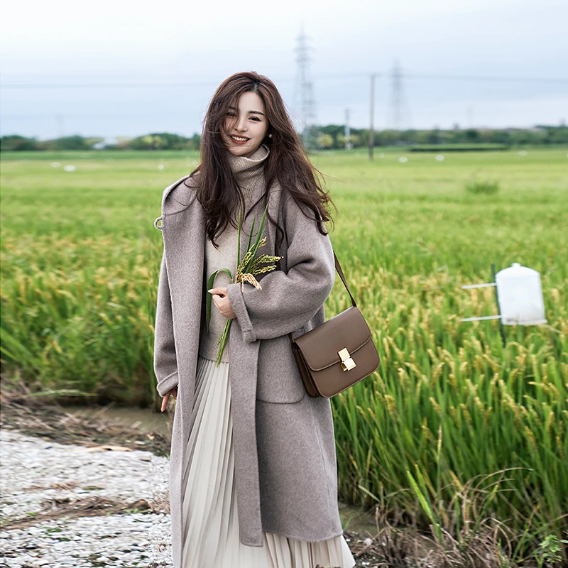 韩版手缝双面羊毛大衣女中长款2024连帽宽松春秋冬外套