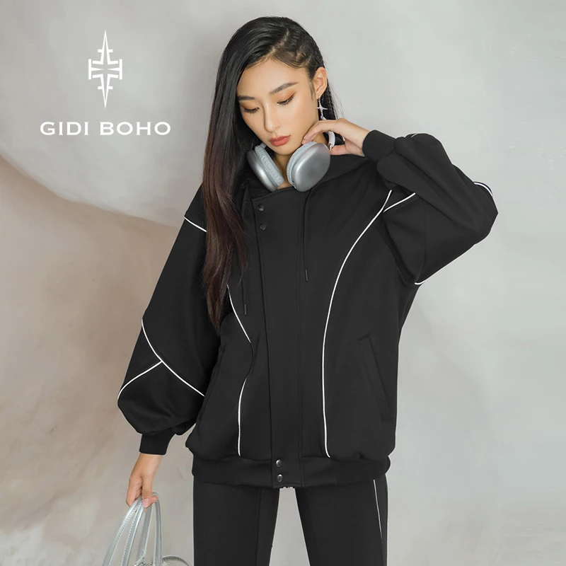 GIDI BOHO/极地薄荷冬季新款时尚休闲连帽宽松加绒户外运动卫衣女