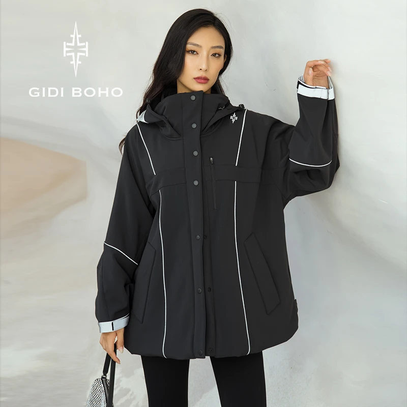 GIDI BOHO/极地薄荷秋冬新款连帽户外登山软壳中长款运动外套女款