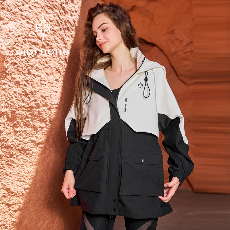 GIDI BOHO/极地薄荷连帽防风外套秋冬季撞色女子款宽松户外套上衣