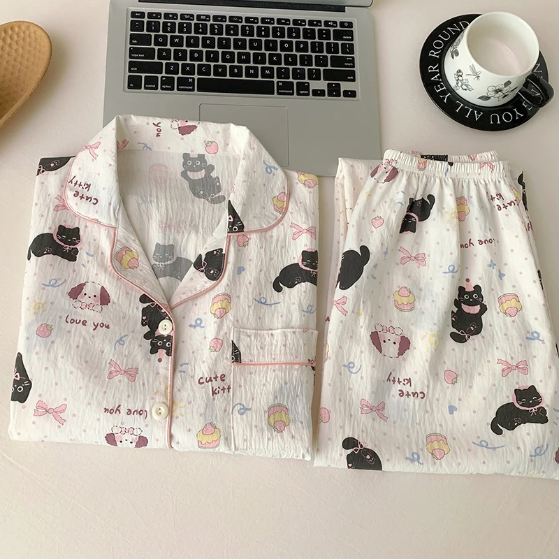 睡衣女秋冬款2024新款日系卡通开衫长袖长裤云朵棉少女家居服套装