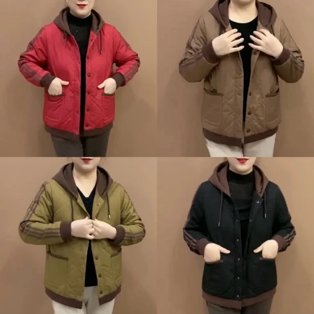 新款连帽中老年休闲棉衣加厚宽松妈妈棉服