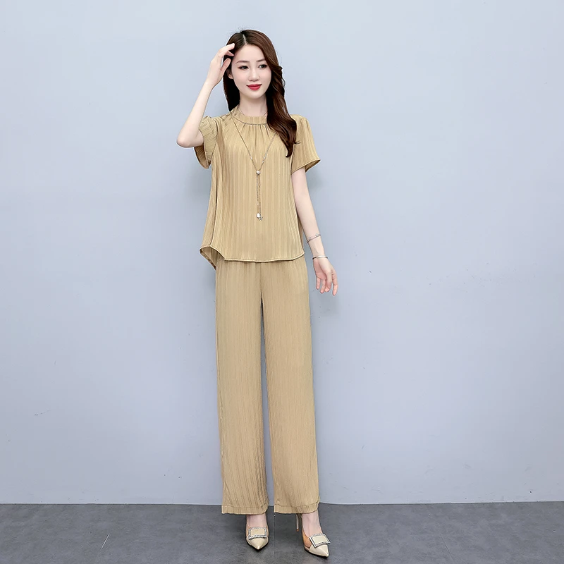 杭州真丝职业套装2024新款夏季短袖气质时尚宽松减龄桑蚕丝两件套