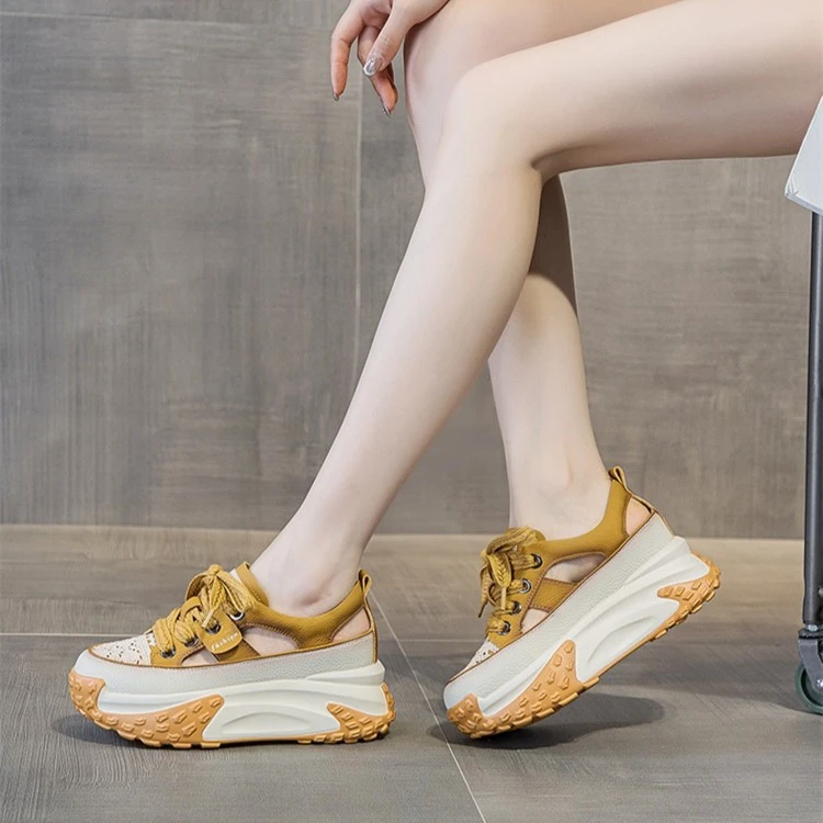真皮镂空老爹鞋女夏季新款复古轻便内增高休闲运动鞋厚底凉鞋女款