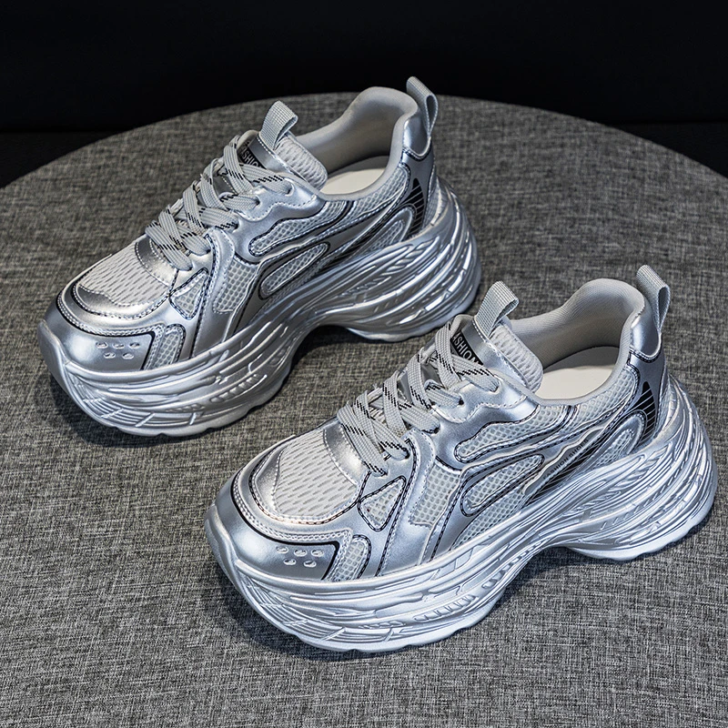 时尚透气网7cm厚底老爹鞋2025薄款减震舒适运动休闲鞋