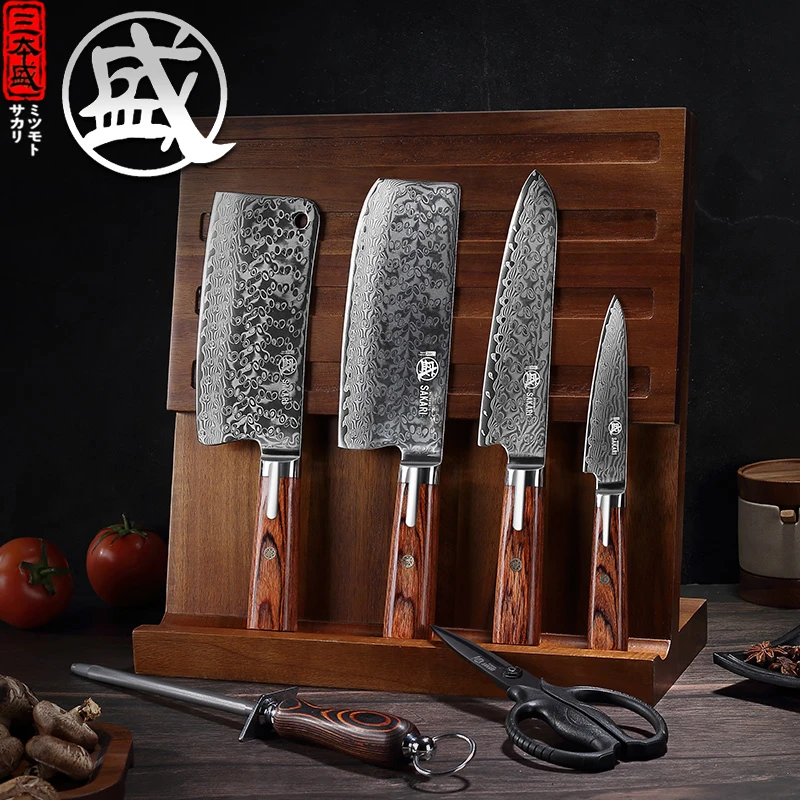 三本盛日本菜刀大马士革钢厨刀套装厨房刀具组合全套中式套刀片刀
