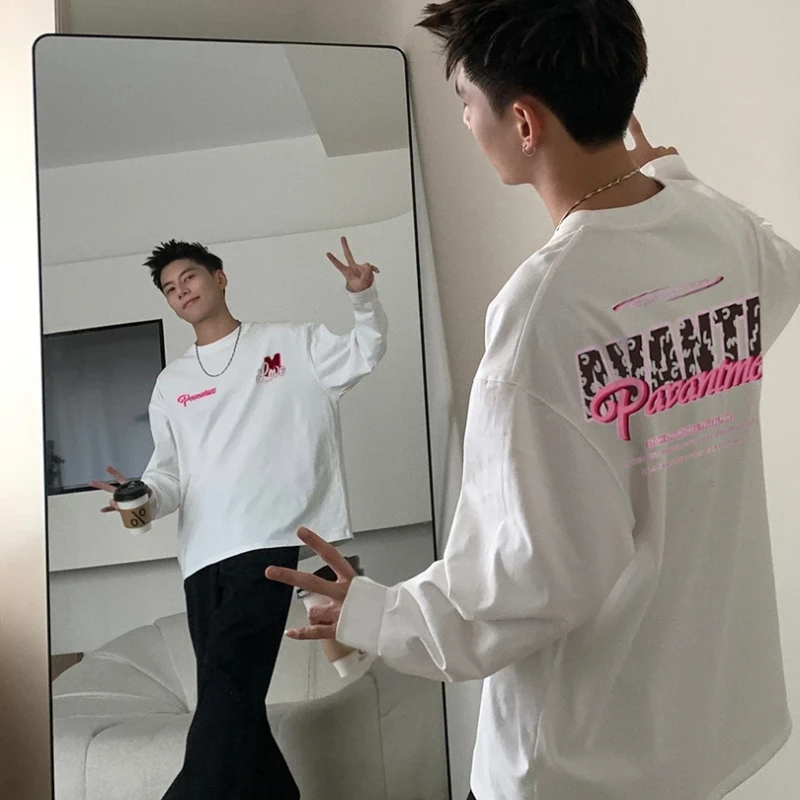 【重磅纯棉】秋冬新款潮流宽松圆领美式百搭复古高街大码男长袖T恤