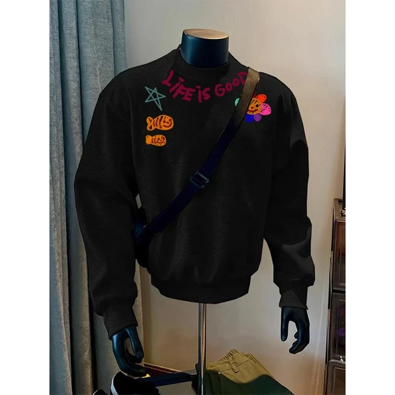 套头宽松卫衣男士上衣环领手绘印花T休闲圆领冬季加厚加绒打底衫