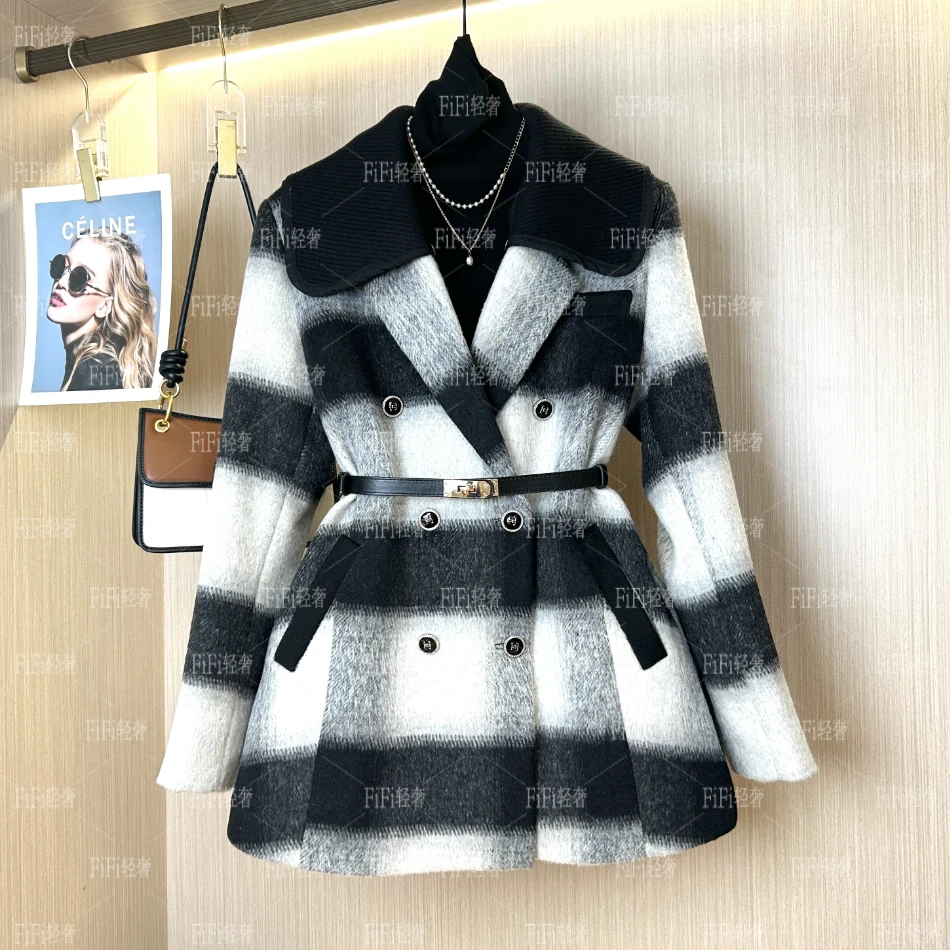 FIFI 【90白鸭绒】冬季轻奢羽绒毛呢 黑白格子可拆卸领西装外套上衣