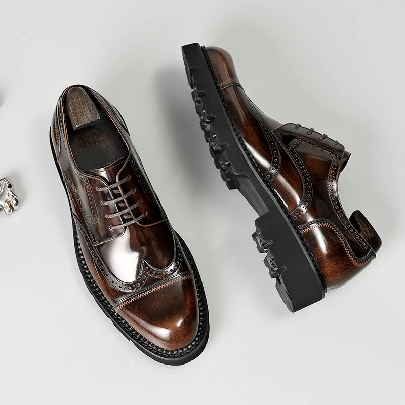 男士布洛克雕花系带圆头英伦风透气皮鞋正装休闲头层牛皮男士皮鞋