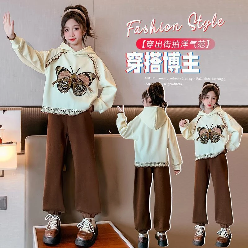 女童冬季套装2024新款儿童秋冬装韩版洋气休闲蝴蝶套装