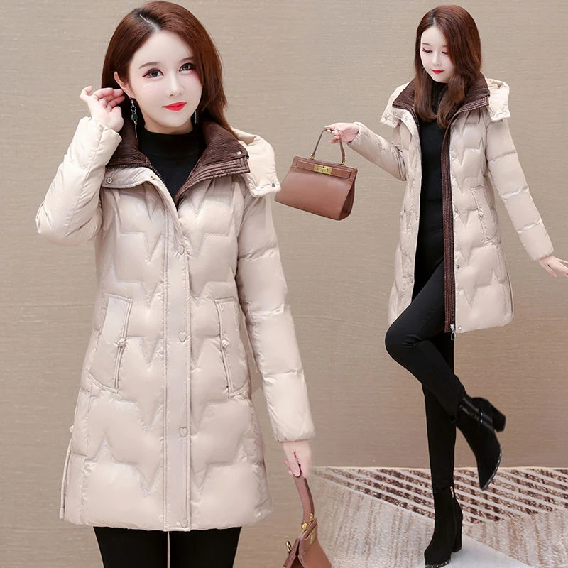 高级感冬季棉服女士气质通勤百搭棉衣外套韩版连帽中长款显瘦上衣