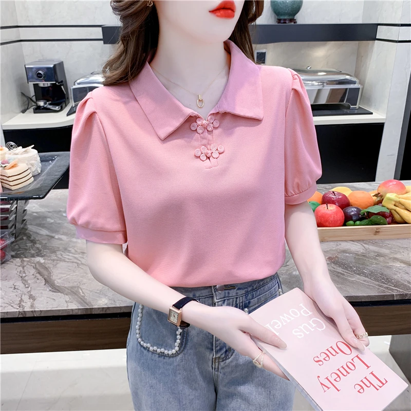 新中式气质减龄显瘦上衣潮盘扣POLO衫短袖T恤女夏季百搭休闲小衫