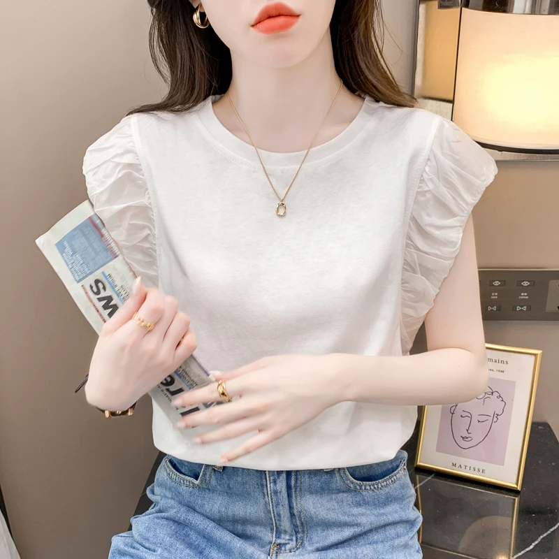 夏季设计感飞飞袖T恤女士休闲美背蕾丝花边小衫独特别致小众上衣