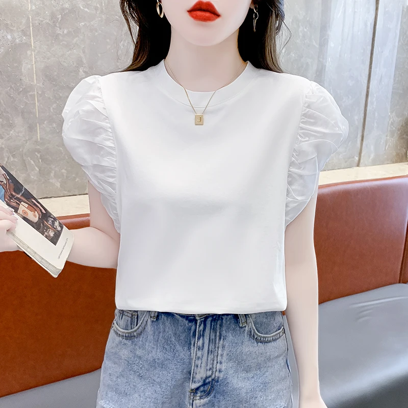 2025夏季新款圆领气质百搭T恤女士设计感小众别致港风飞飞袖上衣