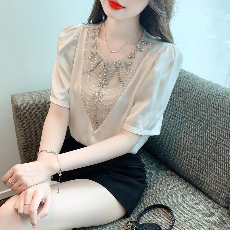 夏季短袖雪纺衬衫女士2025新款缎面洋气上衣设计感小众显瘦衬衣服