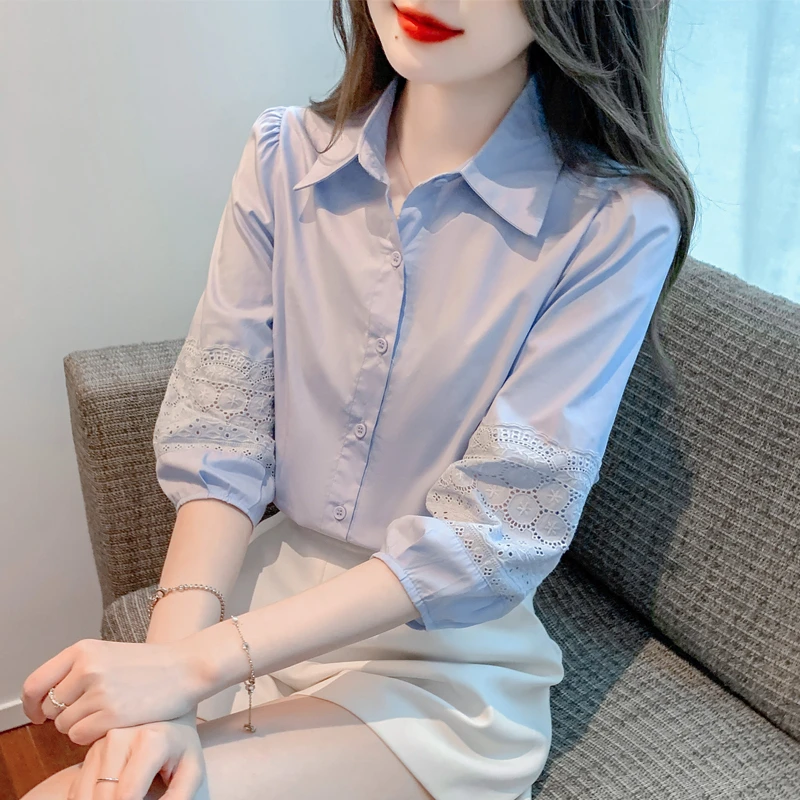 2025夏新款设计感小众衬衣蓝色衬衫女士小个子灯笼七分袖气质衬衣