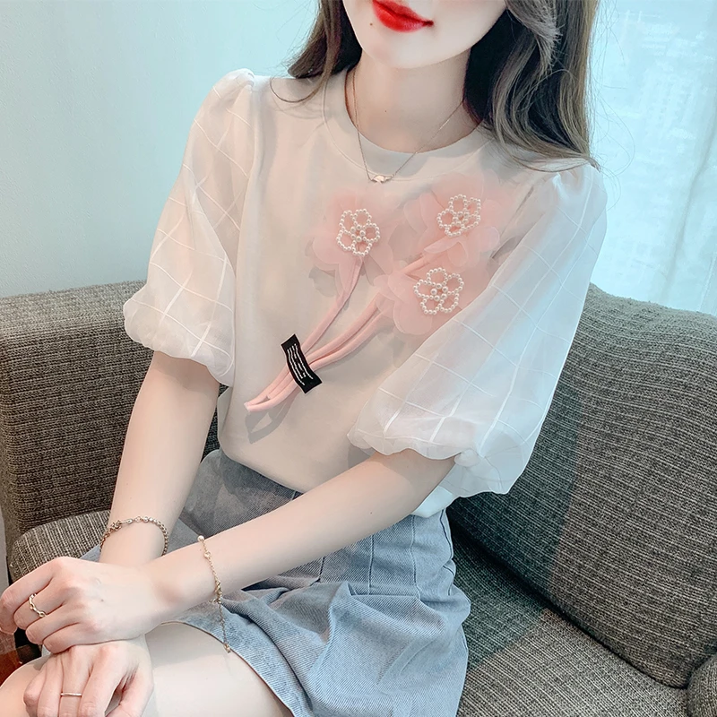 2024新款夏季设计感小众泡泡袖上衣女士花朵拼接气质白色短袖T恤