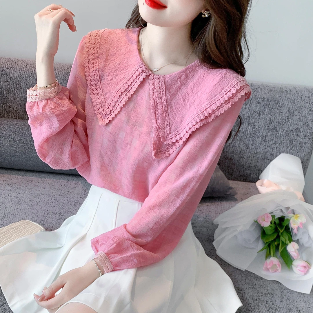 2025春秋新款法式减龄双层娃娃领雪纺上衣女士灯笼袖显瘦粉色衬衫