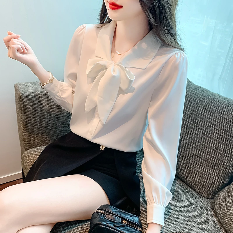 时尚长袖雪纺衬衫女2025春秋新款蝴蝶结复古女士衬衣职业白色上衣