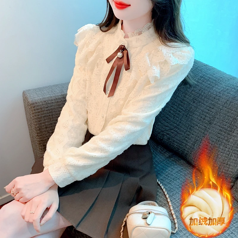 法式立领荷叶边蕾丝打底衫女士冬季新款加绒加厚洋气高档内搭上衣