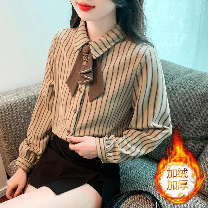 秋冬新款法式上衣polo领长袖衬衫女士加绒加厚洋气条纹小个子衬衣