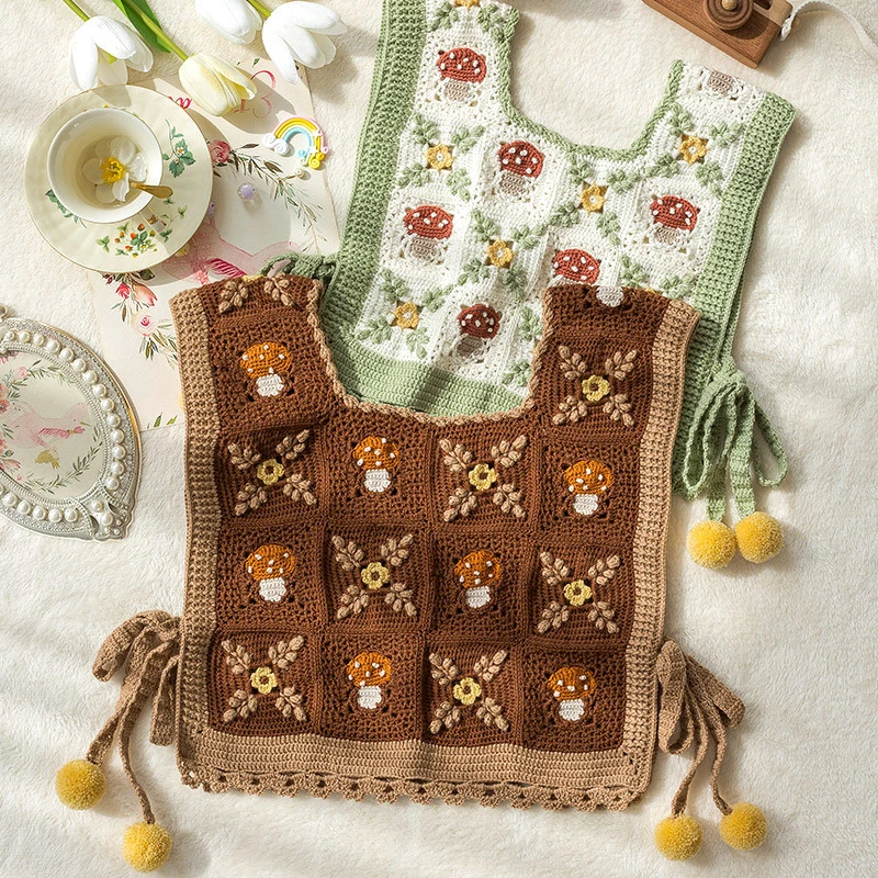 新妈咪手作蘑菇拼花马甲手工diy编织钩针背心羊毛毛线团材料包