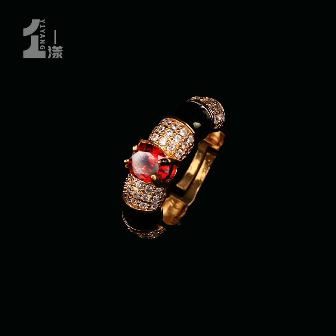一漾 合金戒指 手工彩色镶嵌满钻银镀复古红色简约古法中古排戒