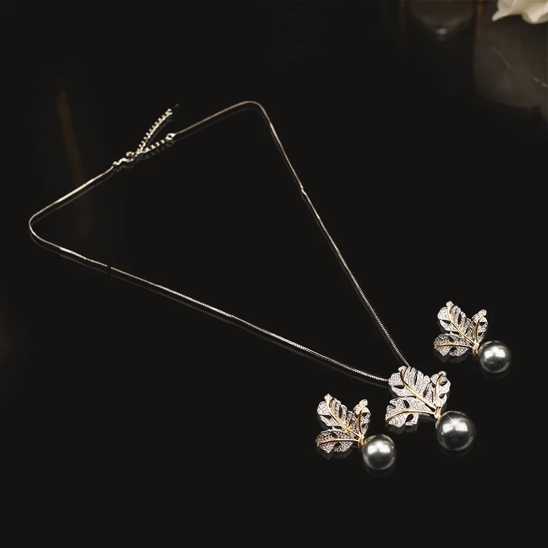 铜合金合成锆石项链 一漾 灰珠叶子时尚 套装