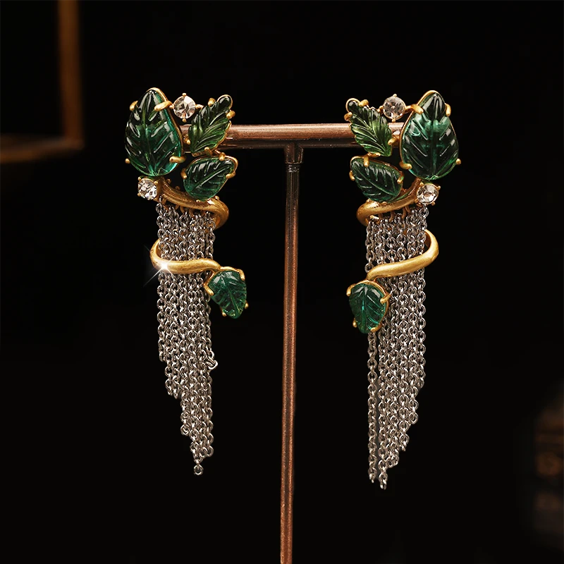 一漾 铜合金合成锆石耳饰 时尚设计 绿色耳环