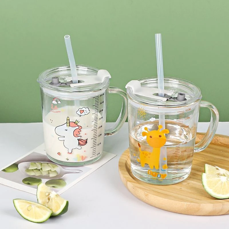 餐杯儿童牛奶杯耐高温带吸管杯微波炉带盖耐热透明奶杯家用大容量