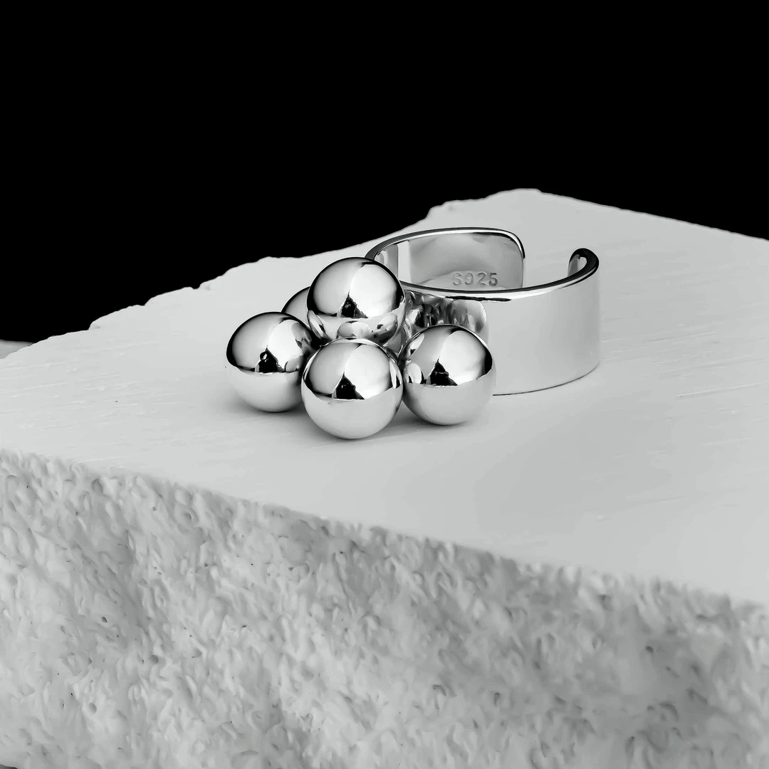 925银戒指 圆球散花朵可活动百搭简约个性光面戒指-A836