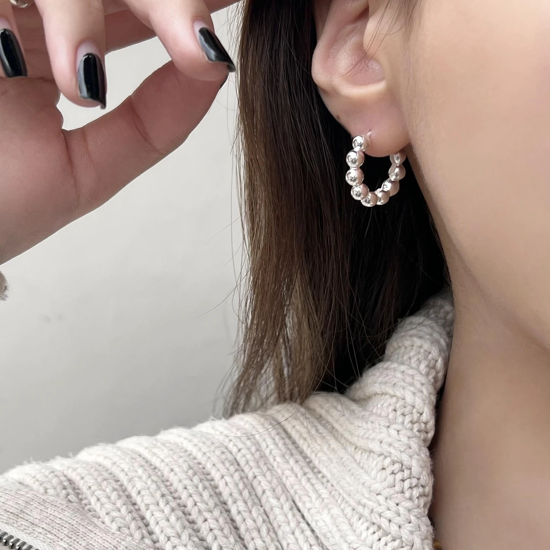 925银耳饰 素圈小圆珠耳环气质百搭简约素款手工小众耳环A586