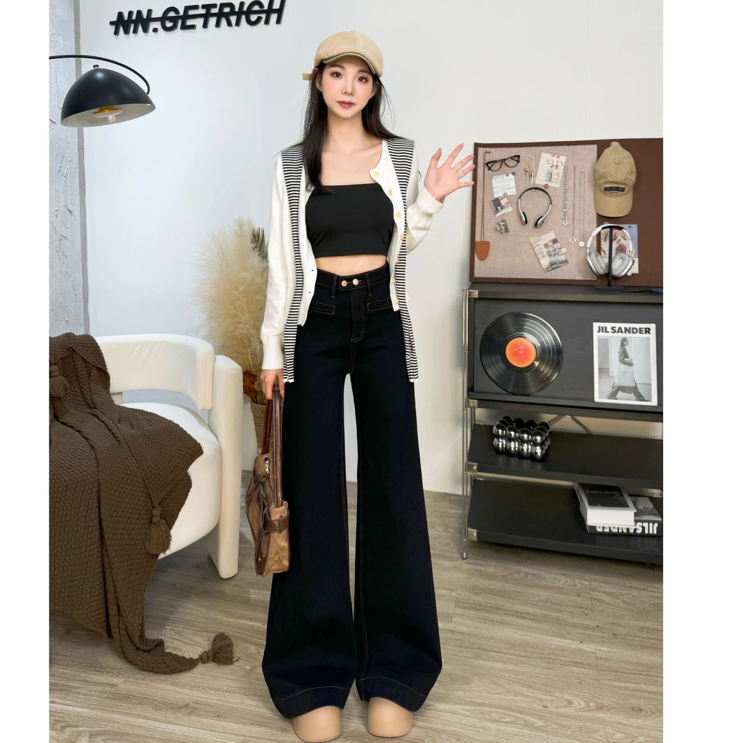 加绒显瘦弹力高腰复古宽松秋冬设计感韩版百搭拖地阔腿牛仔裤9128